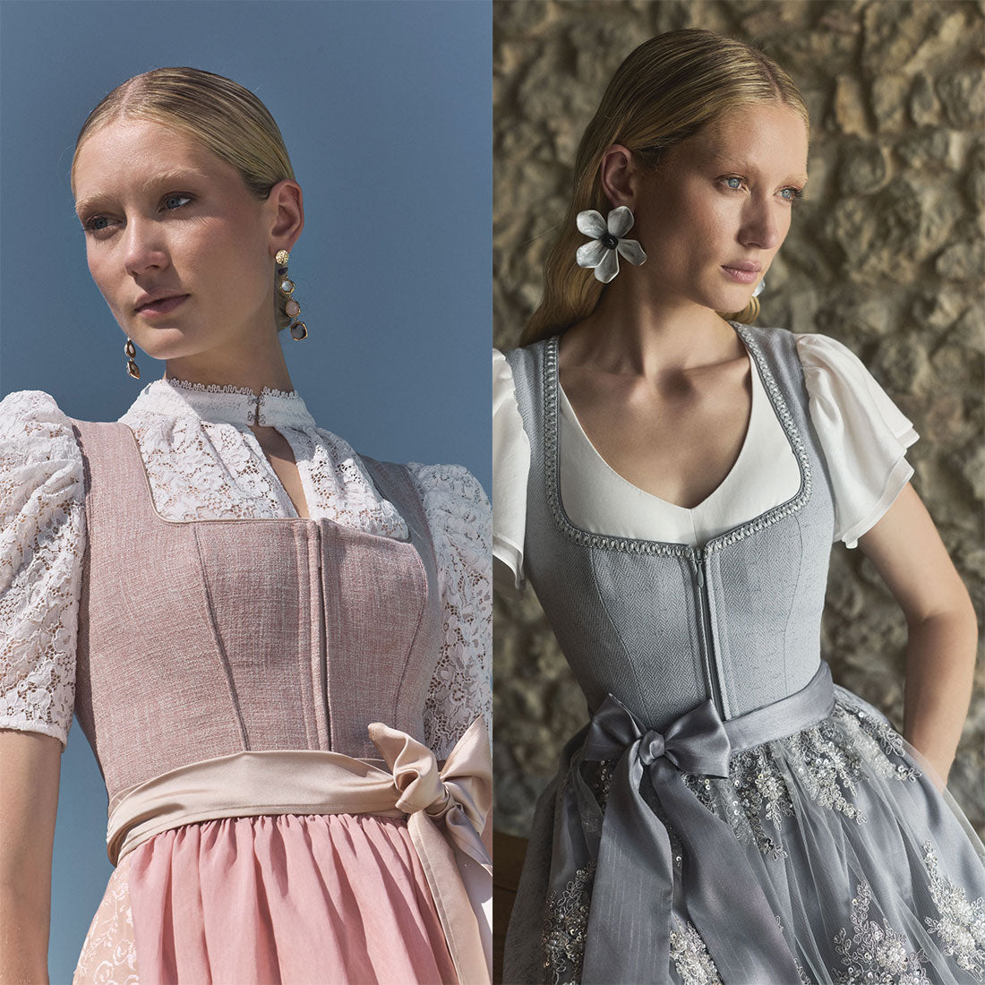 Two women in Dirndls at Oktoberfest - a soft lilac romantic Dirndl and a deep dark glamorous Dirndl