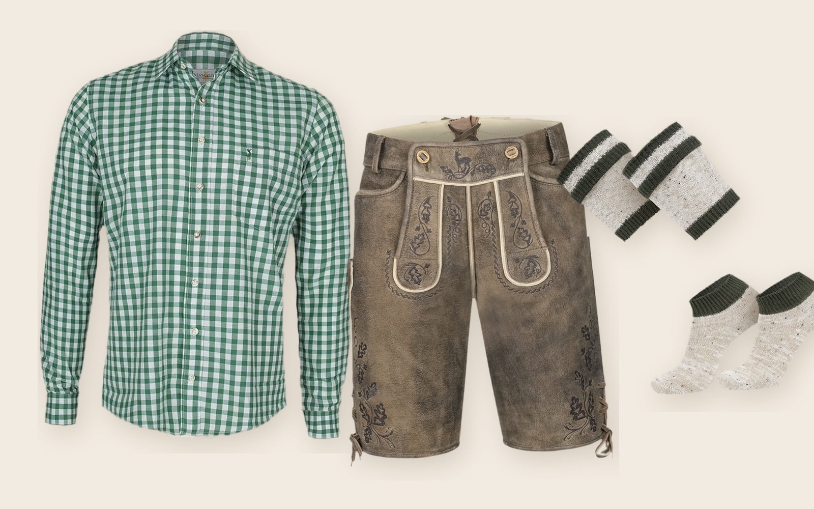 Green Vichy check Trachten shirt laid out with brown lederhosen, Stutzen and socks in a flat lay