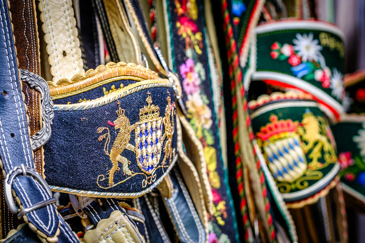 Embroidered chest bar and braces on traditional Bavarian Lederhosen