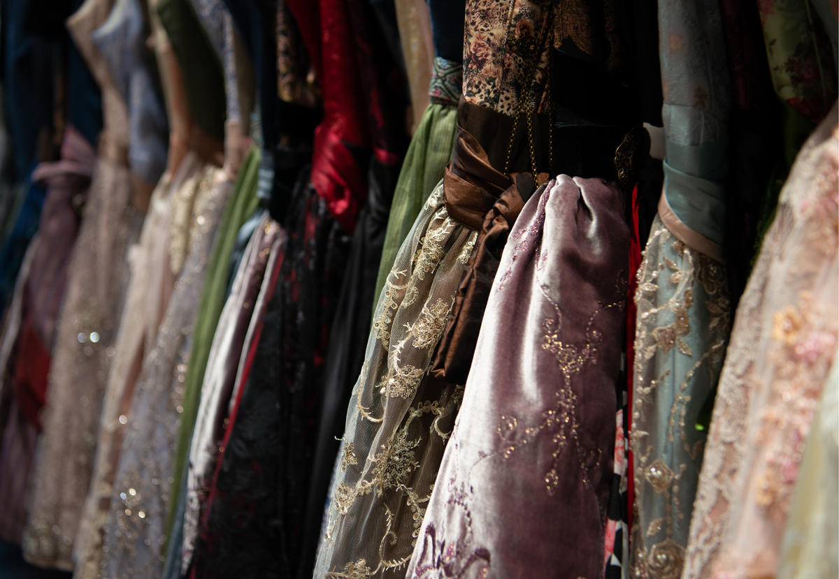 Rack of authentic Dirndl in a range of colours at Schnucki Land in Brisbane